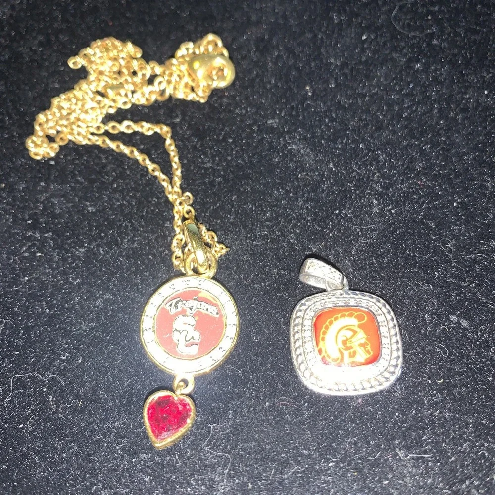 Danbury Mint USC Trojans 2 Pendants Necklace Sterling Enamel Southern California